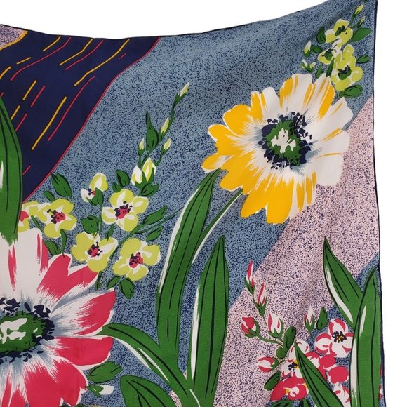 Silk Scarf Shawl Bold Floral Geometric Navy Blue Multicolor  Hand Rolled 35" - Picture 5 of 9